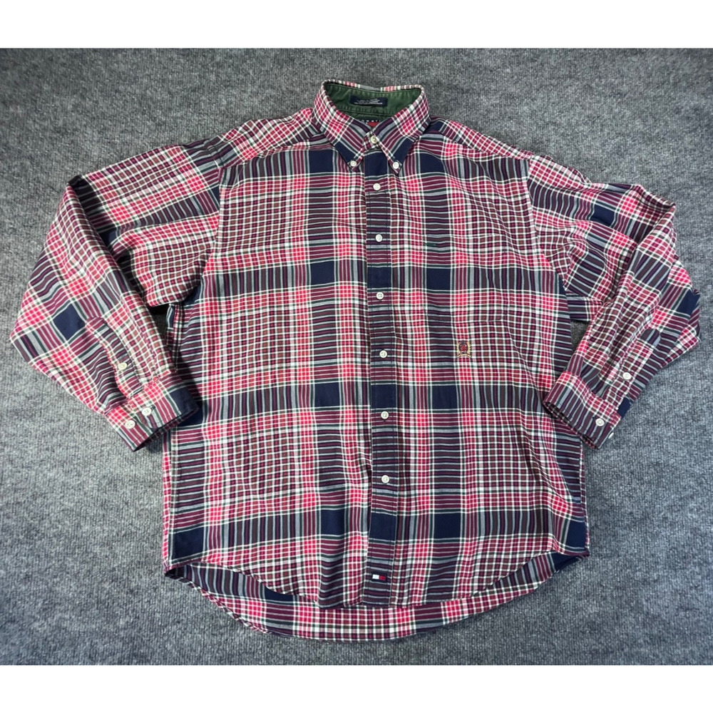 VTG 90s Tommy Hilfiger Shirt Mens M Long Sleeve Button Red Blue Plaid Preppy